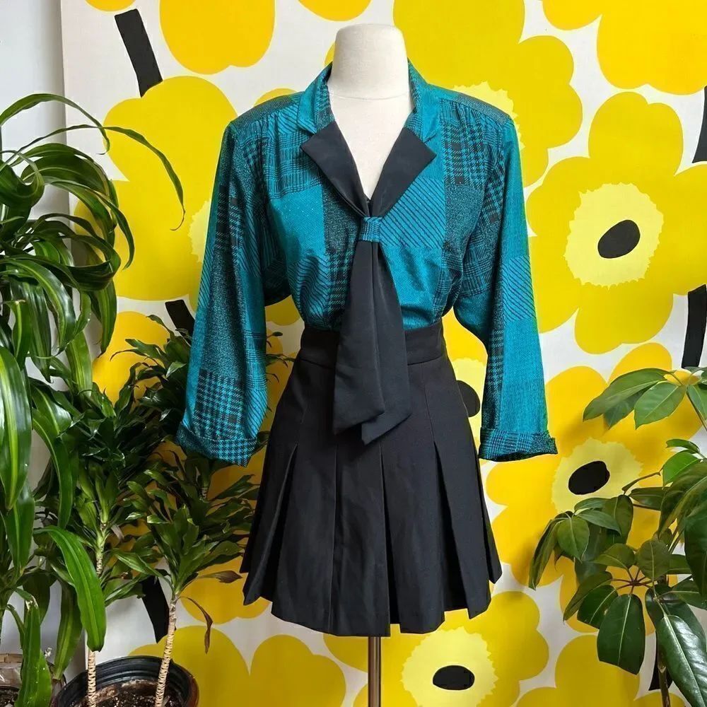 Unique Vintage 1980s Teal Pussybow Tie Neck Mixed Plaids Lace Hem Blouse